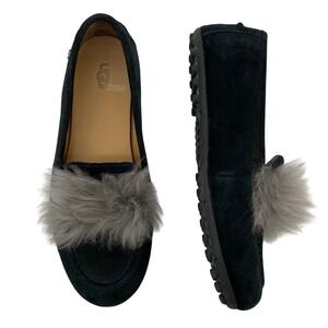 UGG Size 6 Kaley Wisp Loafers Black Suede Grey Sheepskin Pom Pom Flats 1111030